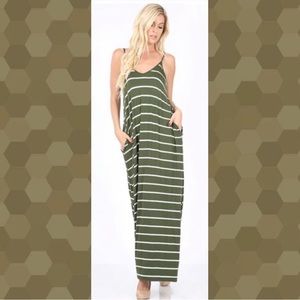 Zenana Premium Soft Jersey Maxi Dress with pockets, size L, Color Olive Stripe